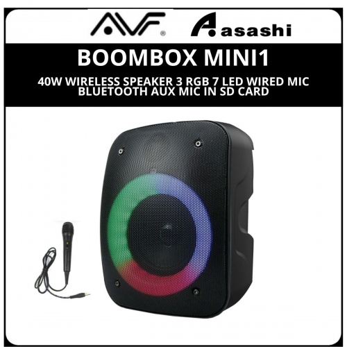 AVF BOOMBOX MINI1 40W WIRELESS SPEAKER 3 RGB 7 LED WIRED MIC BLUETOOTH AUX MIC IN SD CARD