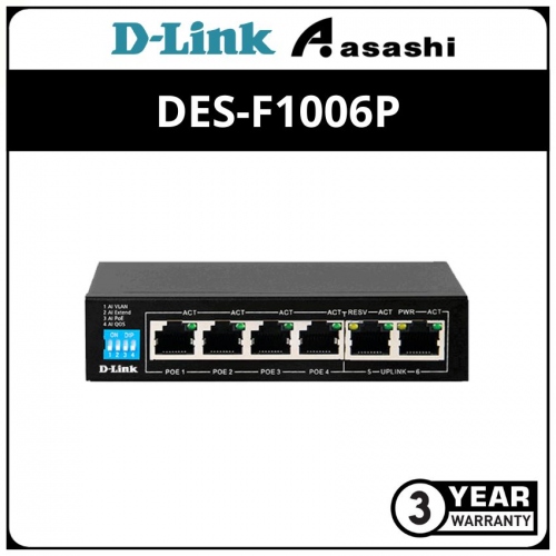 D-link DES-F1006P-E 4 PoE Ports + 2 Uplink Ports 100Mbps 250M POE Switches , Built to Power Extender POE Devices (POE Budget 60W)
