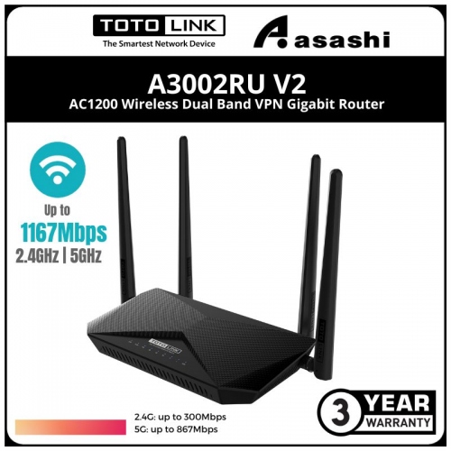 Totolink A3002RU-V2 AC1200 Wireless Dual Band VPN Gigabit Router