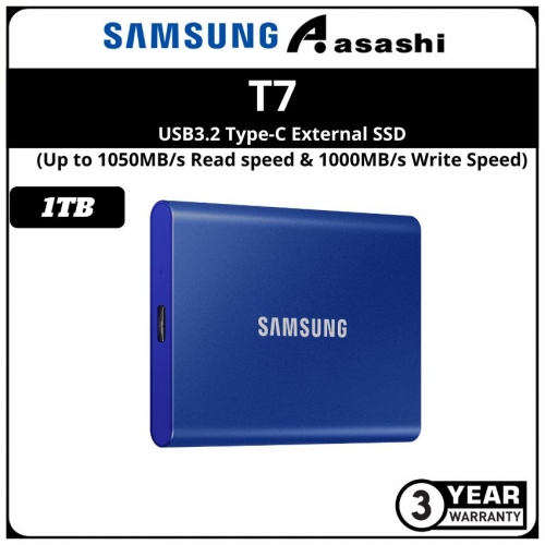 Samsung T7-Indigo Blue 1TB USB3.2 Type-C External SSD - MU-PC1T0HWW (Up to 1050MB/s Read speed & 1000MB/s Write Speed)