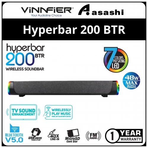 Vinnfier Hyperbar 200 BTR (Black) Wireless Soundbar with Bluetooth V5.0 USB Drive MicroSD Aux line in - 1Y