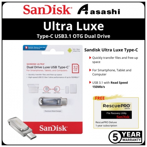 Sandisk Luxe Silver 32GB Ultra Type-C USB3.1 OTG Dual Drive - SDDDC4-032G-G46