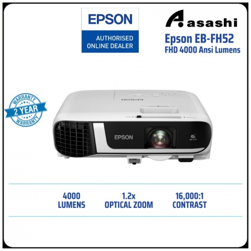 Epson EB-FH52 FHD 4000 Ansi Lumens 3LCD Projector (5500 Lamp Hours/16,000 : 1 Contrast Ratio,3.1KG,16w Monaural Speaker/3 in 1 USB Display/Built in Wireless/USB A & B Port/HDMI Port x2)