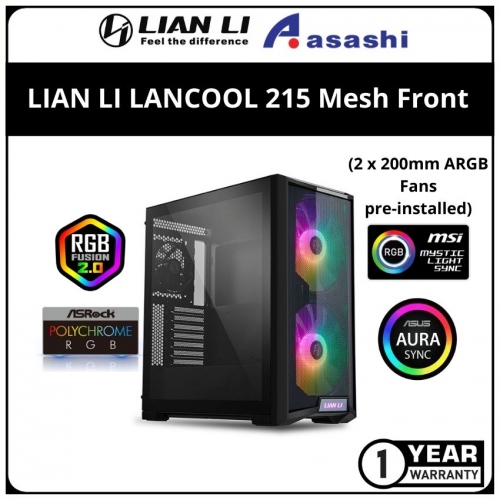 LIAN LI Lancool 215 Mesh Front ATX Casing (2x 20cm ARGB Fans + 1x 12cm Fan) - Black