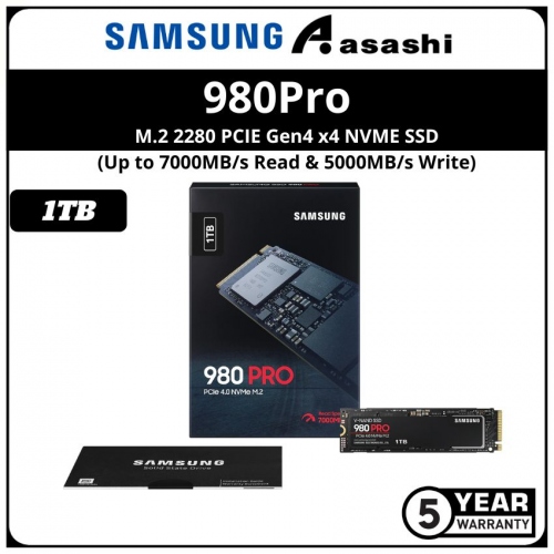 Samsung 980Pro 1TB M.2 2280 PCIE Gen4 x4 NVME SSD - MZ-V8P1T0BW (Up to 7000MB/s Read Speed & 5000MB/s Write Speed)