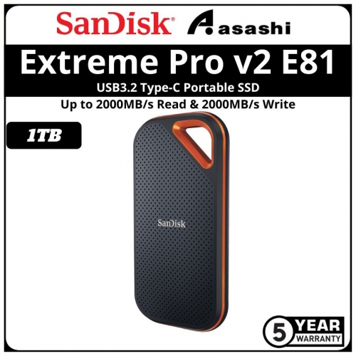 Sandisk E81 Extreme Pro v2 1TB USB3.2 Gen2x2 Type-C Portable SSD - SDSSDE81-1T00-G25 (Up to 2000MB/s Read Speed & 2000MB/s Write Speed)
