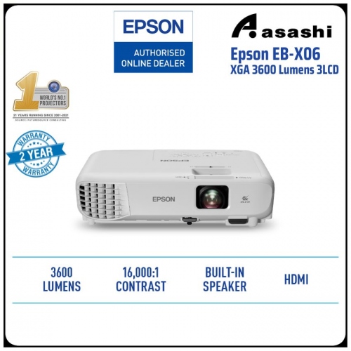 Epson EB X06 XGA 3600 Lumens 3LCD Projector (No Included Bag