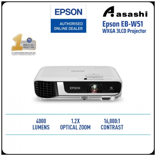 Epson EB-W51 WXGA 4000 Lumens 3LCD Projector (No Included Bag)