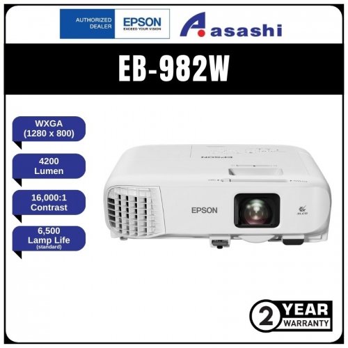 Epson EB-982W WXGA LCD Projector (4200 lumens, 3.1kg, 6,500 Lamp Hours, 16,000:1 Contrast Ratio; 16W Speaker, HDMI port x 2, RS232, Auto Keystone Correction, Multi-PC Projection, Split Screen)