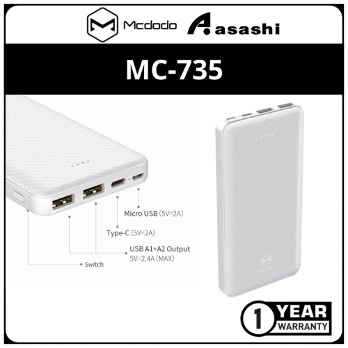 Mcdodo Hummingbird Series 10000mAh Dual USB Power Bank White MC-7350