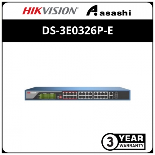 Hikvision DS-3E0326P-E 370W L2 Unmanaged, 24 10/100M RJ45 PoE ports, 2 Gigabit combo ports, 802.3af/at, PoE power budget 370W