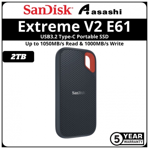 Sandisk E61 Extreme V2 2TB USB3.2 Gen 2 Type-C Portable SSD - SDSSDE61-2T00-G25 (Up to 1050MB/s Read Speed & 1000MB/s Write Speed)