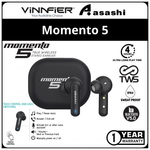 Vinnfier Momento5-Black True Wireless Stereo Earbud (1 yrs Limited Hardware Warranty)