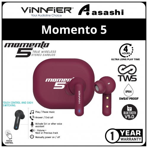 Vinnfier Momento5-Maroon True Wireless Stereo Earbud (1 yrs Limited Hardware Warranty)