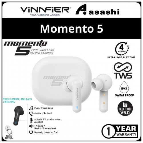 Vinnfier Momento5-White True Wireless Stereo Earbud (1 yrs Limited Hardware Warranty)