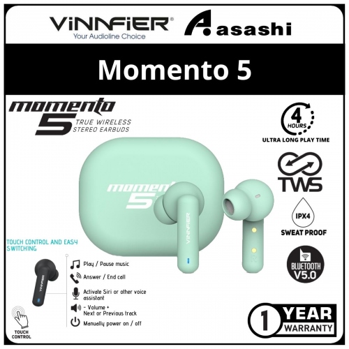 Vinnfier Momento5-Turquoise True Wireless Stereo Earbud (1 yrs Limited Hardware Warranty)