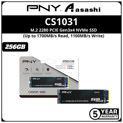 PNY CS1031 256GB M.2 2280 PCIE Gen3x4 NVMe SSD - M280CS1031-256-CL (Up to 1700MB/s Read, 1500MB/s Write)