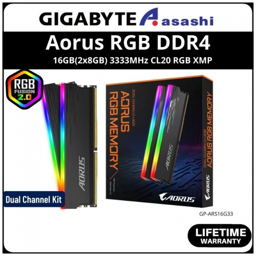 Gigabyte Aorus RGB DDR4 16GB(2x8GB) 3333MHz CL20 RGB XMP Support Gaming PC Ram - GP-ARS16G33