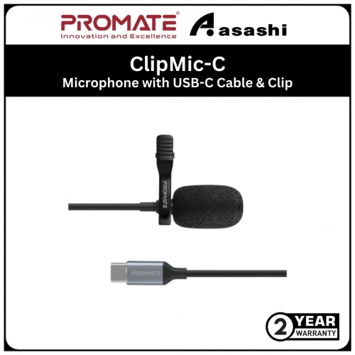 Promate ClipMic-C High Sensitivity lavaliere Microphone with USB-C Cable & Clip • Omni-Directional Mic • USB-C Connector Cable • Lavaliere Clip