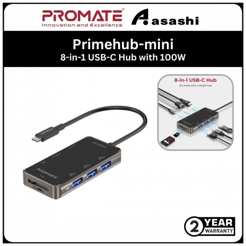 Promate PRIMEHUB-MINI Ultra Compact 8-in-1 USB-C Hub with 100W Power Delivery • 4K HDMI Full HD Port • 1000Mbps LAN • USB 3.0 5Gbps Ports • Plug & Play