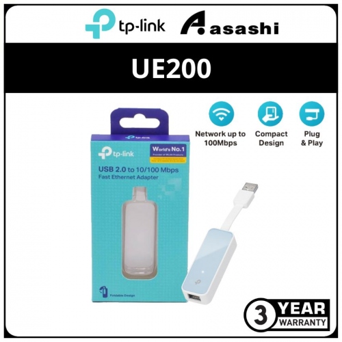 TP-Link UE200 USB 2.0 to 100Mbps Ethernet Network Adapter, 1 USB 2.0 connector, 1 10/100Mbps Ethernet port