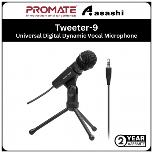 Promate Tweeter-9 Universal Digital Dynamic Vocal Microphone with HD Quality Audio Recording • Foldable Tripod Stand • 3.5mm AUX Connectivity