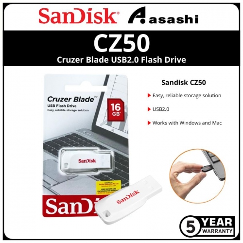 Sandisk CZ50 16GB Cruzer Blade White Usb2.0 Flash Drive (SDCZ50C-016G-B35W)