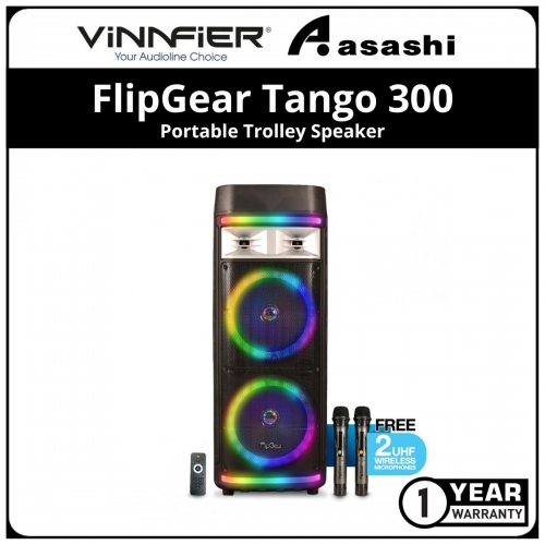 Vinnfier FlipGear Tango 300 WMU 2021 TWS Portable Trolley Speaker With 2 UHF Wirelss Mic Bluetooth Super Bass Karaoke - 1Y