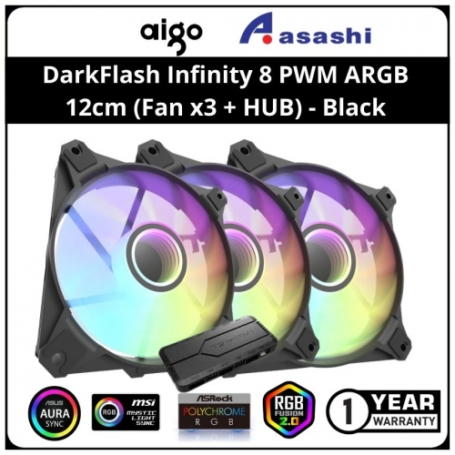 AIGO darkFlash Infinity 8 3-in-1 PWM ARGB 12cm Casing Fan (Fan x3 + HUB) - Black