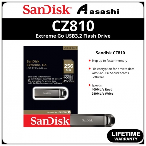 Sandisk CZ810 256GB Extreme Go USB3.2 Gen1 Flash Drive - SDCZ810-256G-G46 (Up to 400MB/s Read, 240MB/s Write)