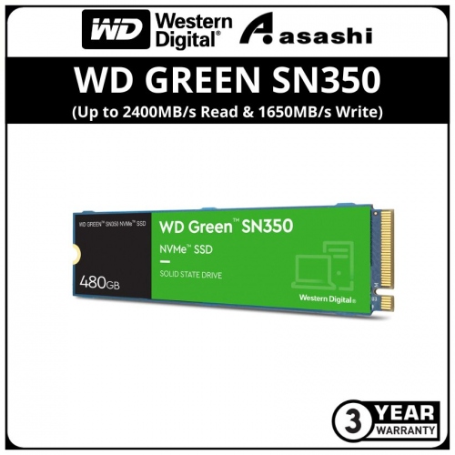 WD Green SN350 480GB M.2 2280 PCIE Gen3 x4 NVMe SSD - WDS480G2G0C (Up to 2400MB/s Read & 1650MB/s Write)