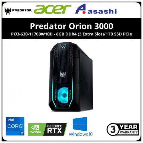 Acer Predator Orion 3000 PO3-630-11700W10D Gaming Desktop-(Intel Core i7-11700F/8GB DDR4 (3 Extra Slot)/1TB SSD PCIe/Nvidia RTX3070 8GBD6/Win10Home /3Yr Onsite/500W 80Plus Gold/Predator KB & Mouse)