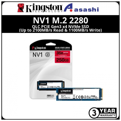 Kingston NV1 250GB M.2 2280 QLC PCIE Gen3 x4 NVMe SSD (Up to 2100MB/s Read & 1100MB/s Write)