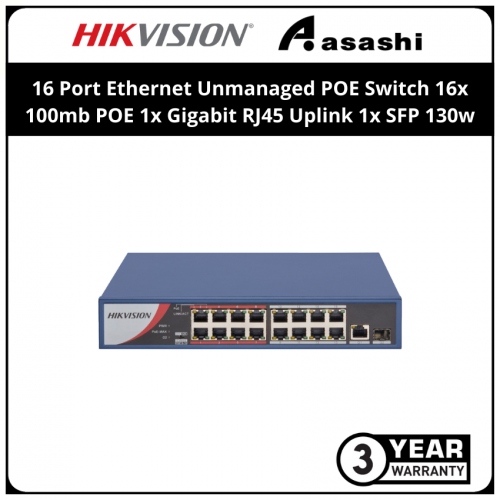 Hikvision 16 Port Ethernet Unmanaged POE Switch 16x 100mb POE 1x Gigabit RJ45 Uplink 1x SFP 130w