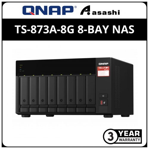 Qnap TS-873A-8G 8-Bay NAS,(AMD Ryzen Embedded V1500B 4-core/8-thread 2.2 GHz processor, 8GB DDR4(1 Extra Slot) ,3 x USB 3.2 Gen2, 1 x USB 3.2(Type-C), 2x 2.5GbE)