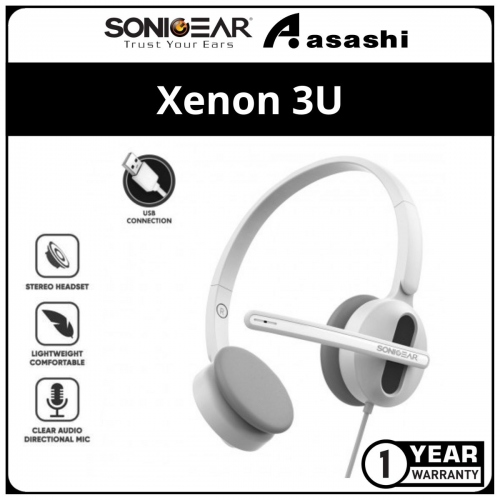 Sonic Gear Xenon 3U Series (White) USB Stereo Wired Headphone with Microphone | Portable Light Weight | 1 Year Warranty