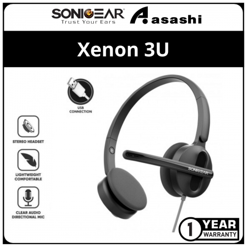 Sonic Gear Xenon 3U Series (Black) USB Stereo Wired Headphone with Microphone | Portable Light Weight | 1 Year Warranty