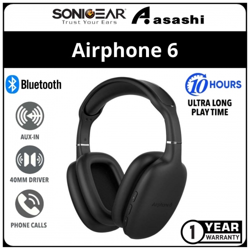 Sonic Gear AirPhone 6 (Black) Rechargeable Bluetooth Headphones With Mic | Up to 10 Hours PlayTime | 1 Year Warranty