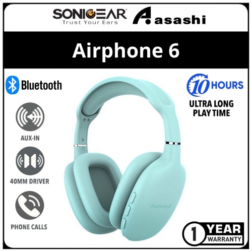 Sonic Gear AirPhone 6 (Mint) Rechargeable Bluetooth Headphones With Mic | Up to 10 Hours PlayTime | 1 Year Warranty