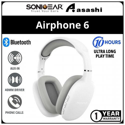 Sonic Gear AirPhone 6 (White) Rechargeable Bluetooth Headphones With Mic | Up to 10 Hours PlayTime | 1 Year Warranty