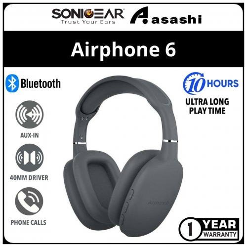 Sonic Gear AirPhone 6 (Grey) Rechargeable Bluetooth Headphones With Mic | Up to 10 Hours PlayTime | 1 Year Warranty
