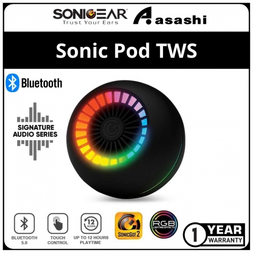 Sonic Gear Sonic Pod (Black) TWS Wireless Bluetooth 5.0 Mini Portable Speaker| Premium Sound App Control RGB Lighting - 1Y