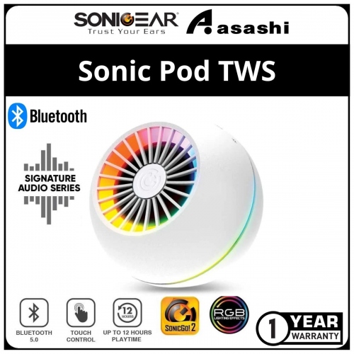 Sonic Gear Sonic Pod (White) TWS Wireless Bluetooth 5.0 Mini Portable Speaker| Premium Sound App Control RGB Lighting - 1Y