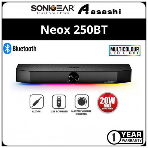 Sonic Gear Neox 250BT (Black) Bluetooth Sound Bar with RGB Lightning Effect | 20W Max Power | Cinematic Audio Performance