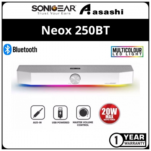 Sonic Gear Neox 250BT (White) Bluetooth Sound Bar with RGB Lightning Effect | 20W Max Power | Cinematic Audio Performance