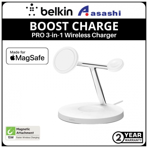 Belkin BOOST CHARGE PRO MagSafe 3-in-1 Wireless Charging Stand 15 Watt -  White (WIZ009myWH)