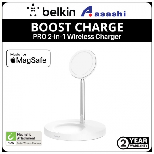 Belkin BOOST CHARGE PRO 2-in-1 Wireless Charger Stand with MagSafe 15W - White
