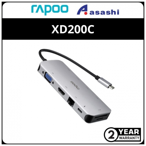 Rapoo XD200C USB-C MULTI FUNCTION ADAPTER 10 in 1 (VGA, HDMI, RJ45, SD/TF CARD READER, USB 2.0-3.0 4-PORT) - 2Y