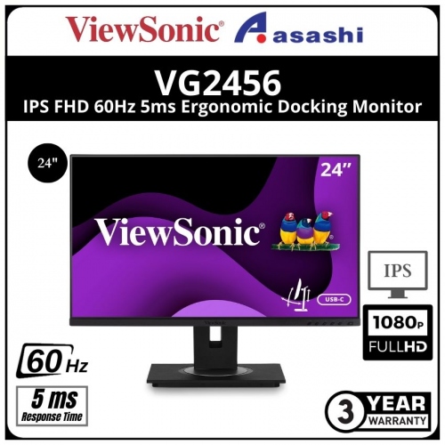 Viewsonic VG2456 24” IPS FHD 60Hz 5ms Ergonomic Docking Monitor (HDMI x1,DP x1,Docking USB Type-C,Ethernet) Built in Speaker 2Wx2