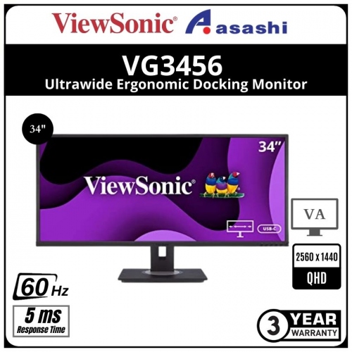 Viewsonic VG3456 34” VA QHD 60Hz 5ms Ultrawide Ergonomic Docking Monitor (HDMI x2,DP x1,Docking USB Type-C,Ethernet) Built in Speaker 3Wx2